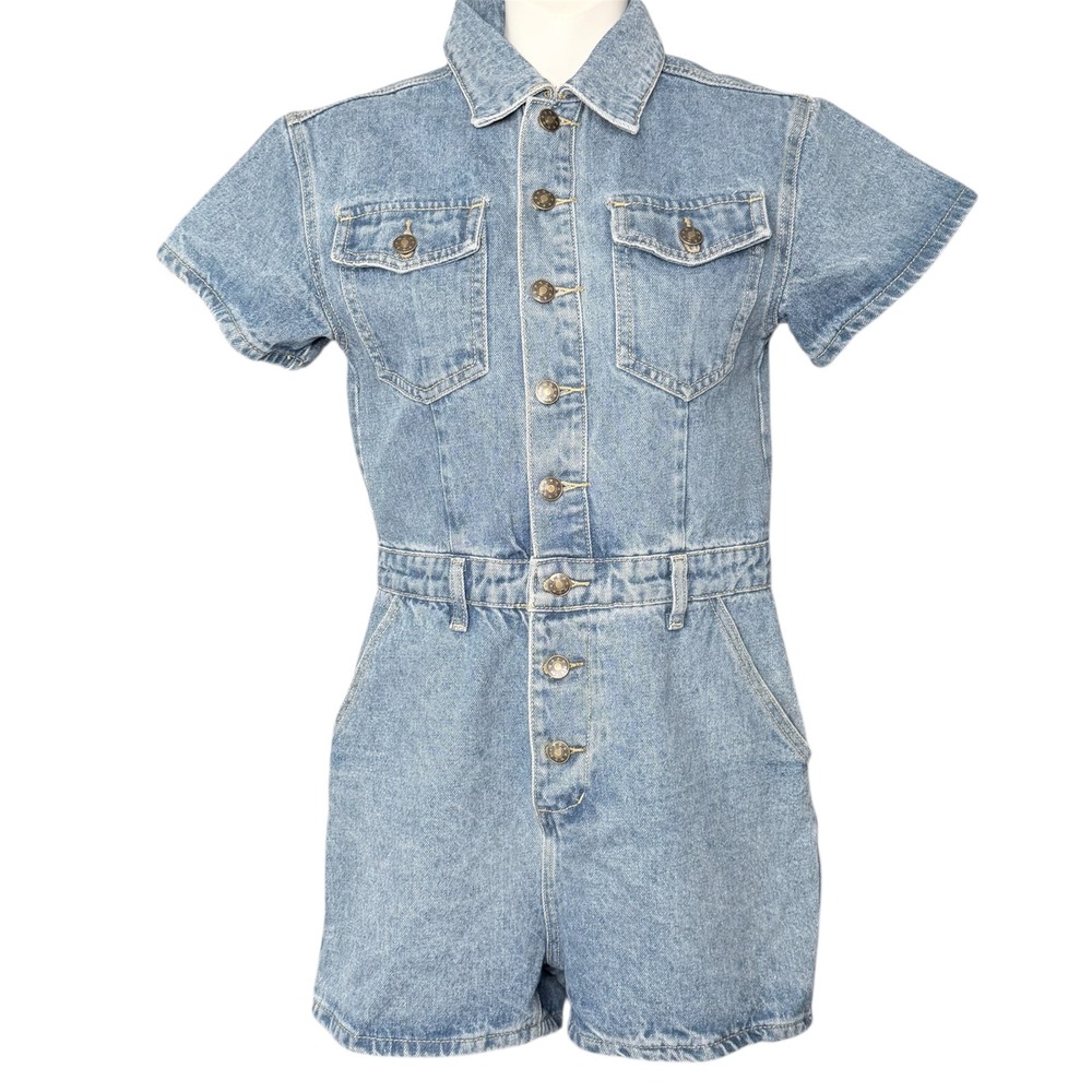 Lioness Women S U Know What's Up  Romper Denim Blue Short Sleeve Festival